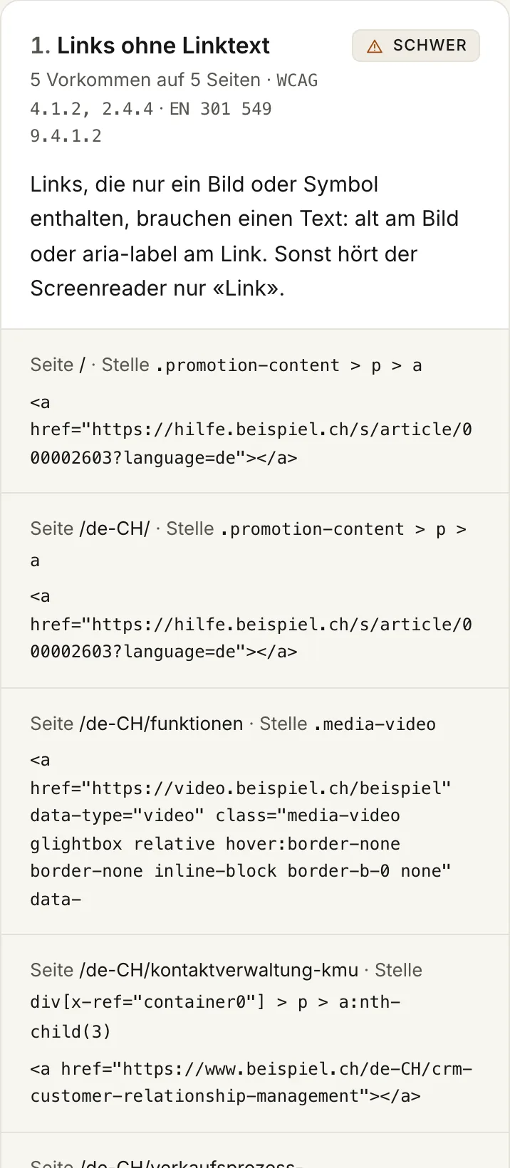 Ein Befund aus dem Bericht: «Links ohne Linktext», schwer, 5 Vorkommen auf 5 Seiten, WCAG 4.1.2 und 2.4.4, EN 301 549 9.4.1.2, mit Anleitung und je Seite die Stelle als Selektor und der Codeausschnitt des Links.