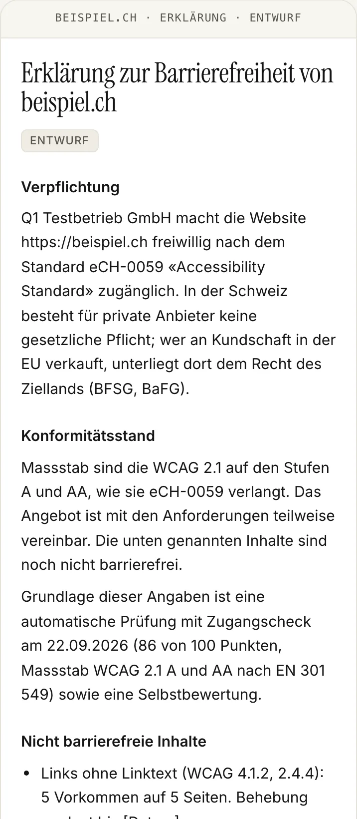 Vorschau der Erklärung zur Barrierefreiheit für beispiel.ch im Konto, als Entwurf gekennzeichnet: Titel, Stand der Vereinbarkeit, nicht barrierefreie Inhalte aus den Befunden, Feedback und Kontakt.