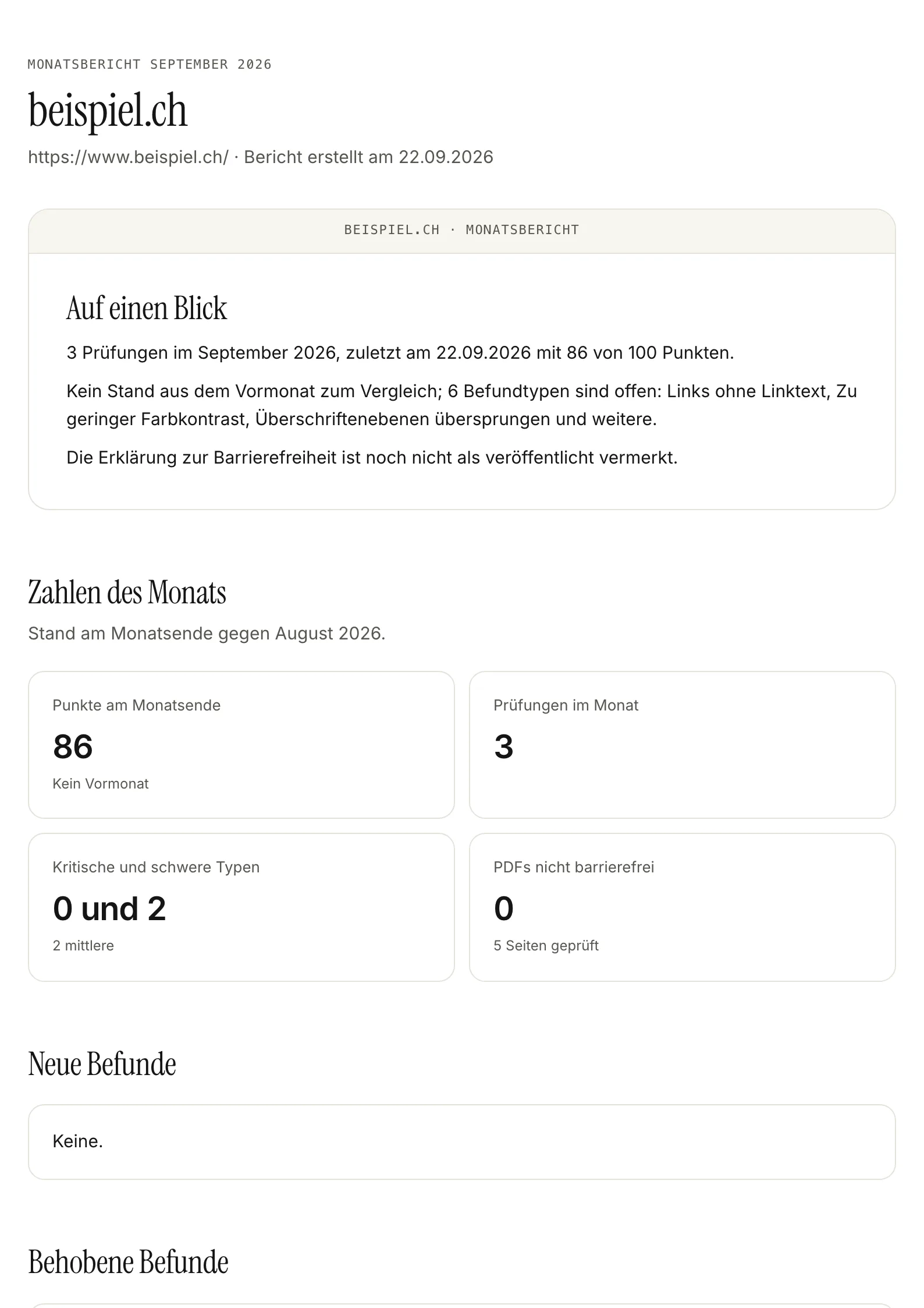 Erste Seite des Monatsberichts als PDF: Domain, «Auf einen Blick» mit den Sätzen des Monats, Zahlen des Monats gegen den Vormonat.